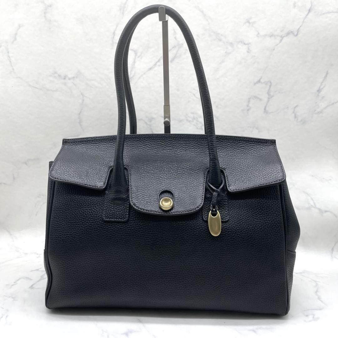 トフアンドロードストーン トートバッグ ルーフボタン シボ革 黒 A4 肩掛け