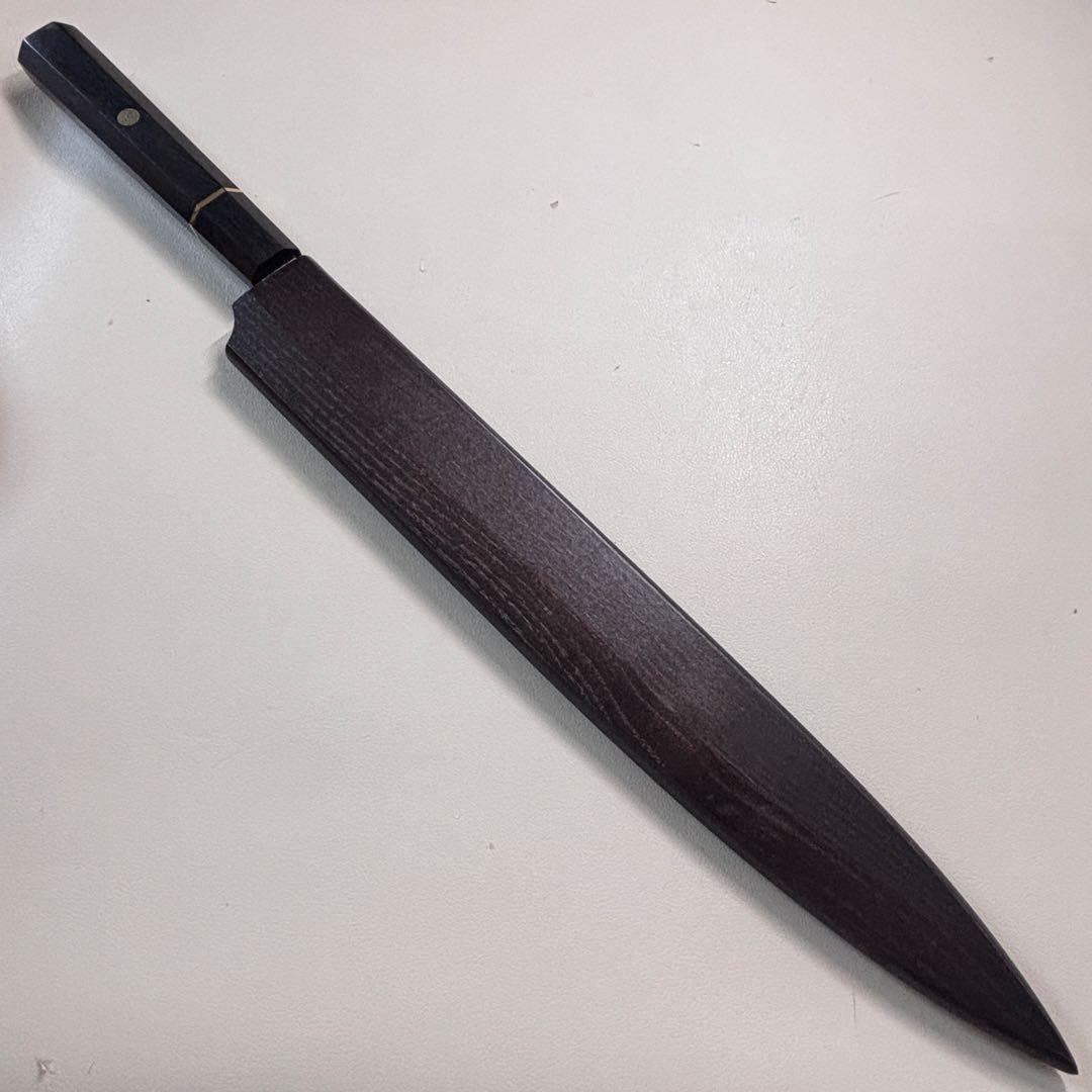 尺300mm 柳刃包丁 墨流しダマスカス　黒檀八角柄　刺身包丁 和包丁 「鞘付き