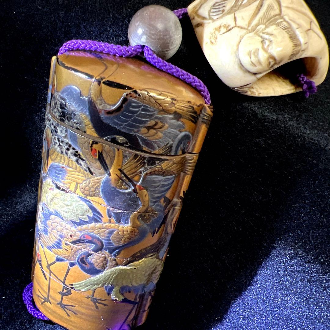 江戸時代　鶴蒔絵印籠、根付　70g 東Y8-0122☆2Fトコカ