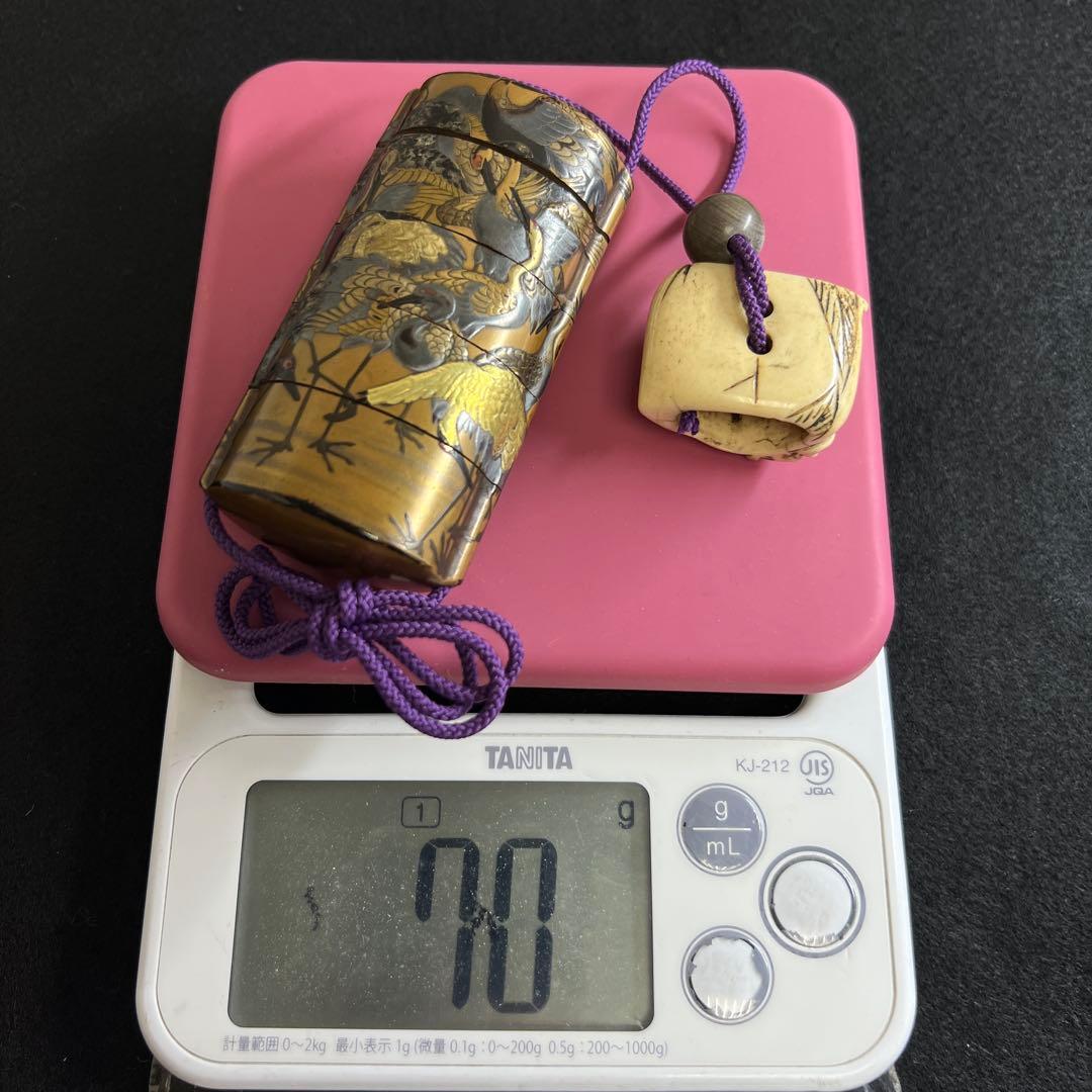 江戸時代　鶴蒔絵印籠、根付　70g 東Y8-0122☆2Fトコカ