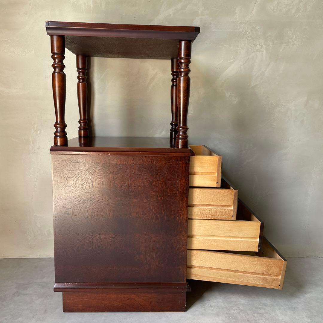 木製　桜材　ダークブラウン　電話台　民芸家具　抽斗４杯　アンティーク風　レトロ