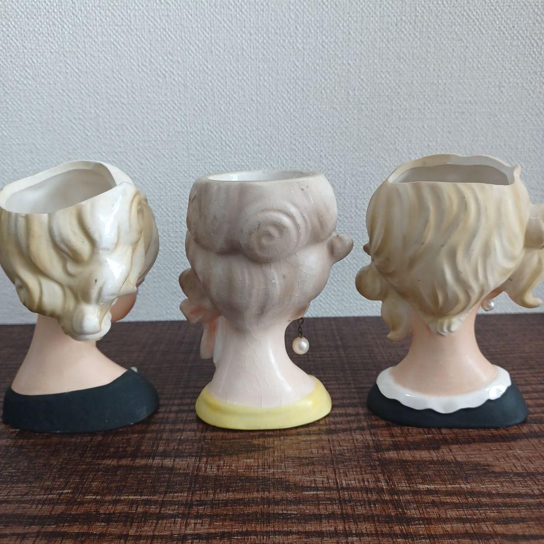 ビンテージ レディヘッドベース 陶器製置物花瓶　3点セット（全高約110㎜）