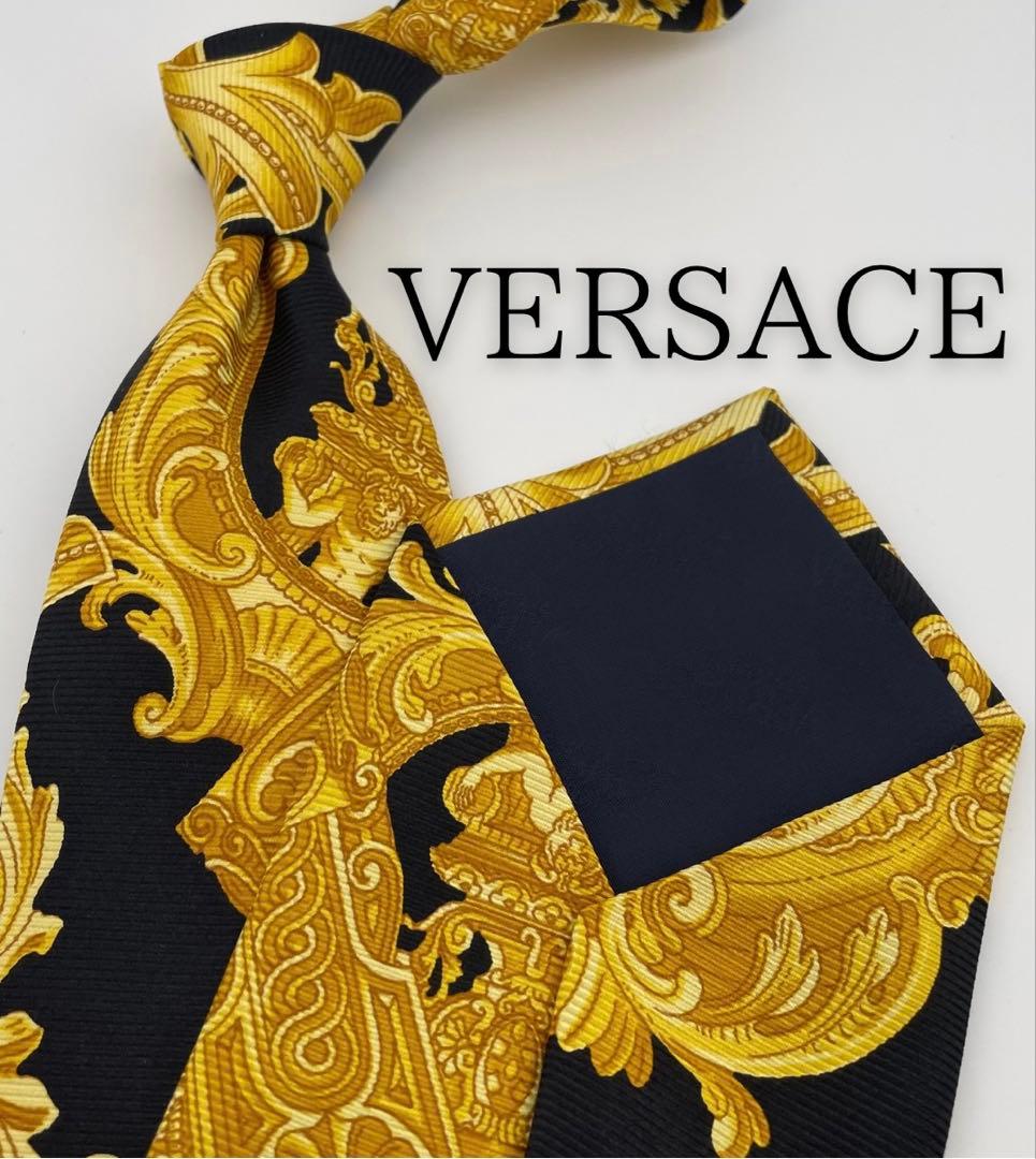美品 VERSACE ハイブランド ネクタイ バロック ゴールド ブラック