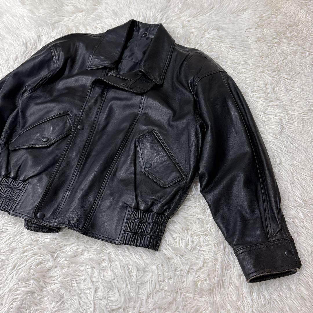 VINTAGE レザージャケット　Lサイズ　羊革　ラムスキン　ブラック　黒　短丈