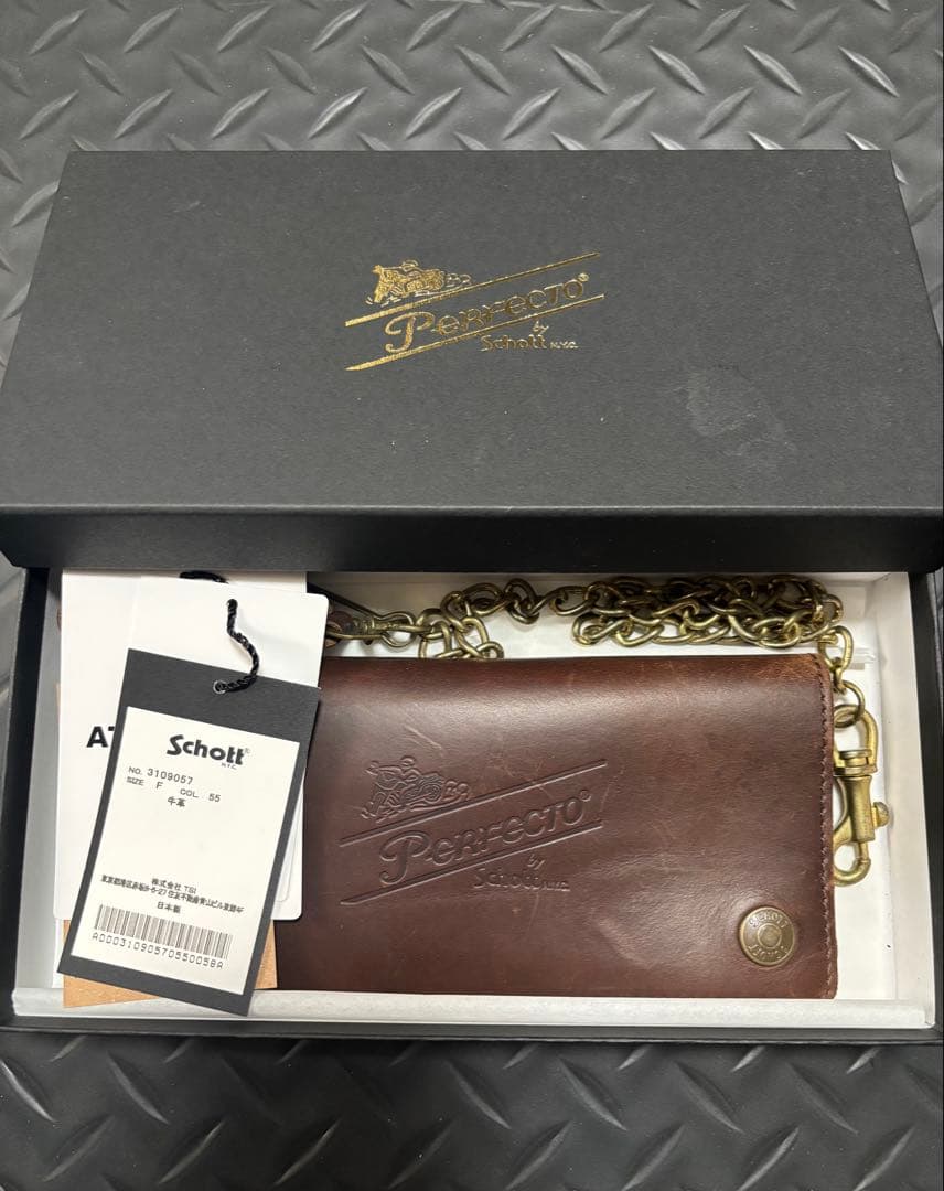 Schott ショット長財布　ウォレットチェーン　ブラウン　牛革　カウハイド