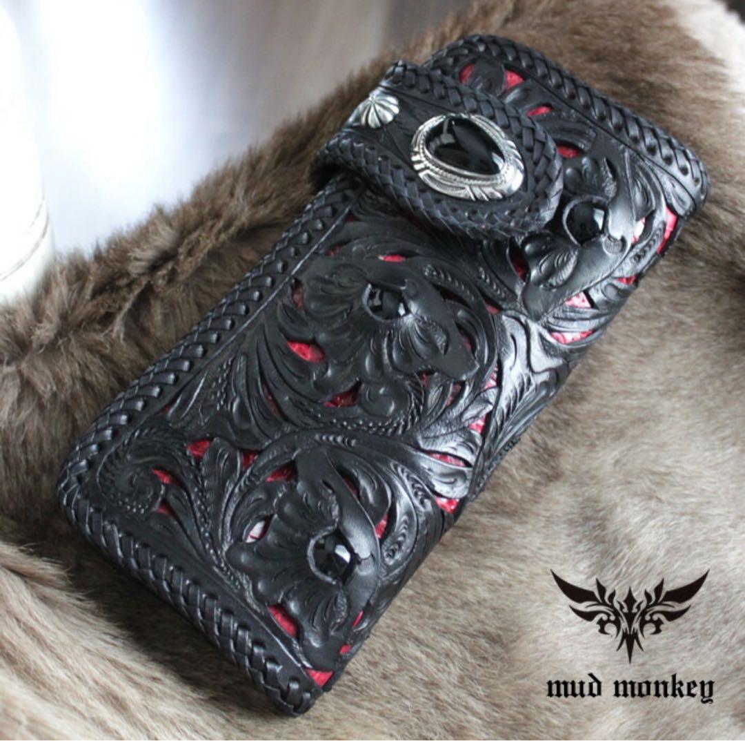 mud monkey 彫刻デザイン 長財布 ブラックレッド バイカーズウォレット