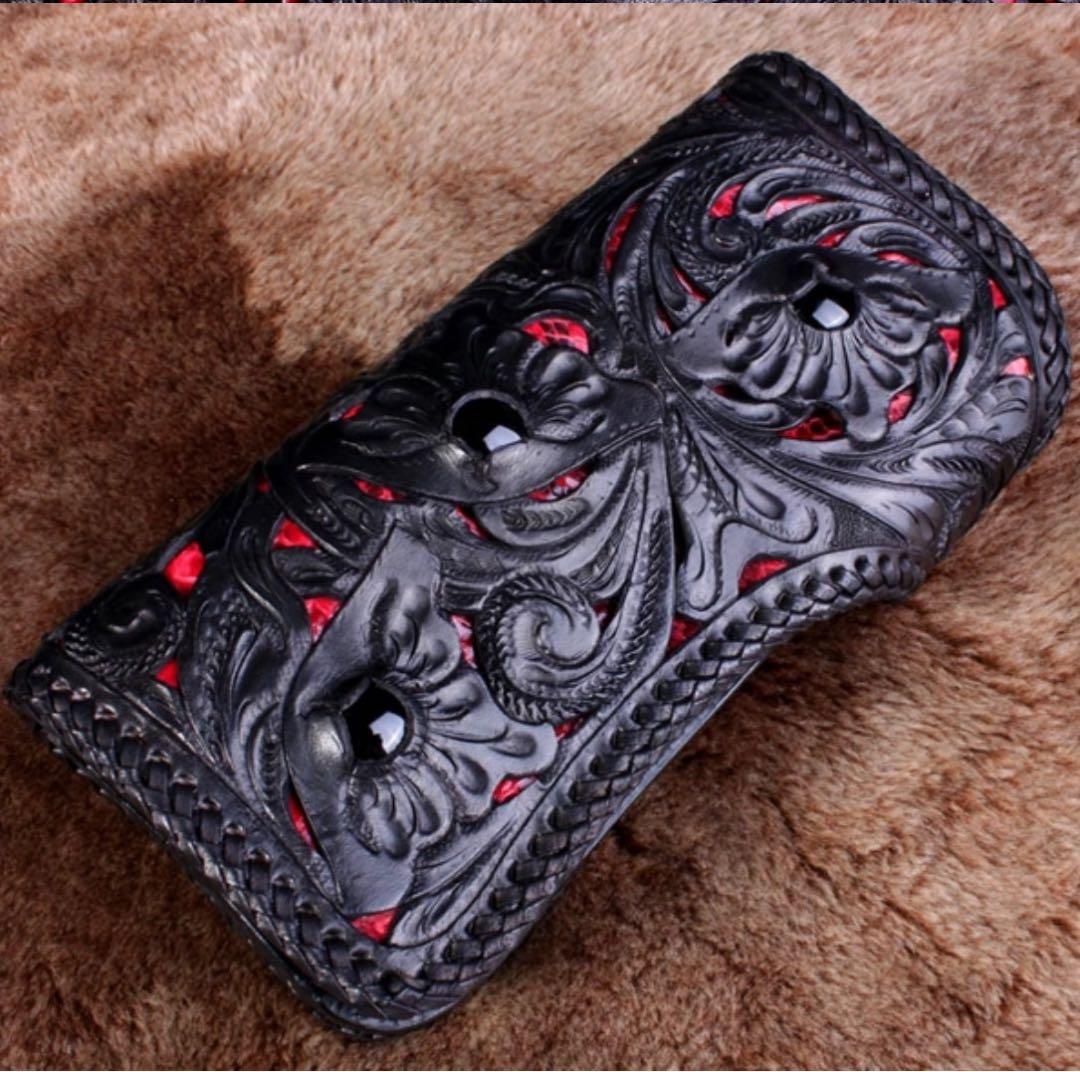 mud monkey 彫刻デザイン 長財布 ブラックレッド バイカーズウォレット