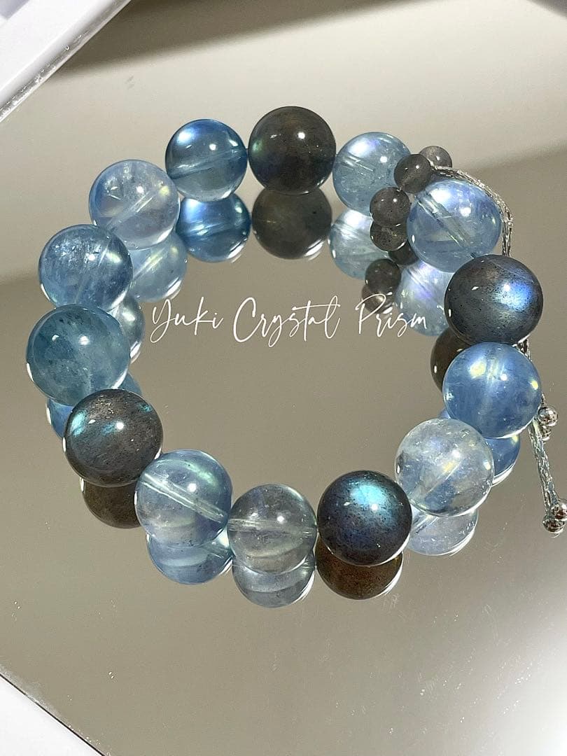 高品質アクアマリン×グレームーンストーン 天然石ブレスレット