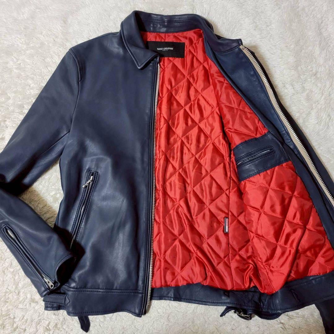 美品✨　ナノユニバース 羊革 ライダース ジャケット 紺 中綿 キルティング L