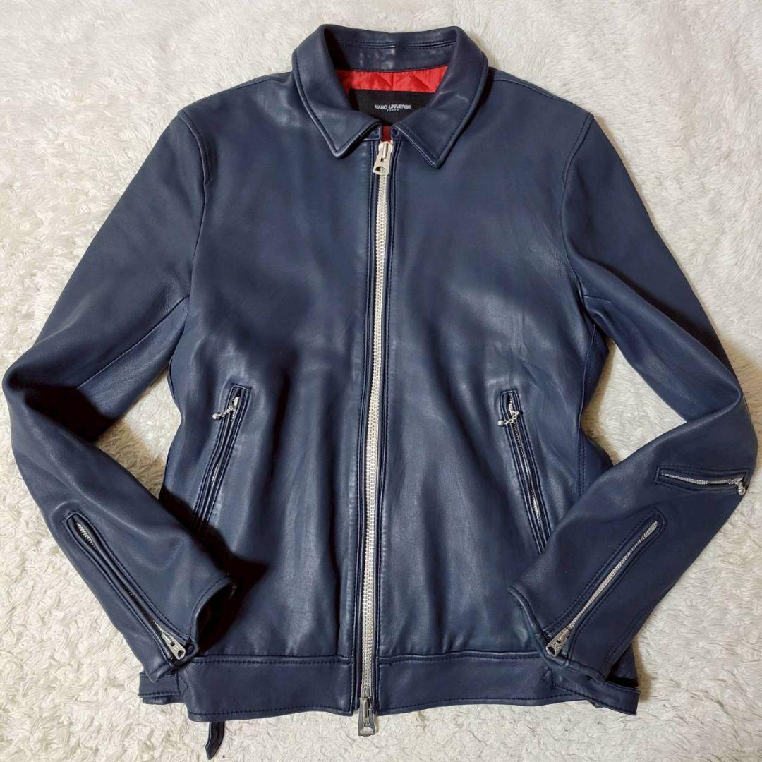 美品✨　ナノユニバース 羊革 ライダース ジャケット 紺 中綿 キルティング L