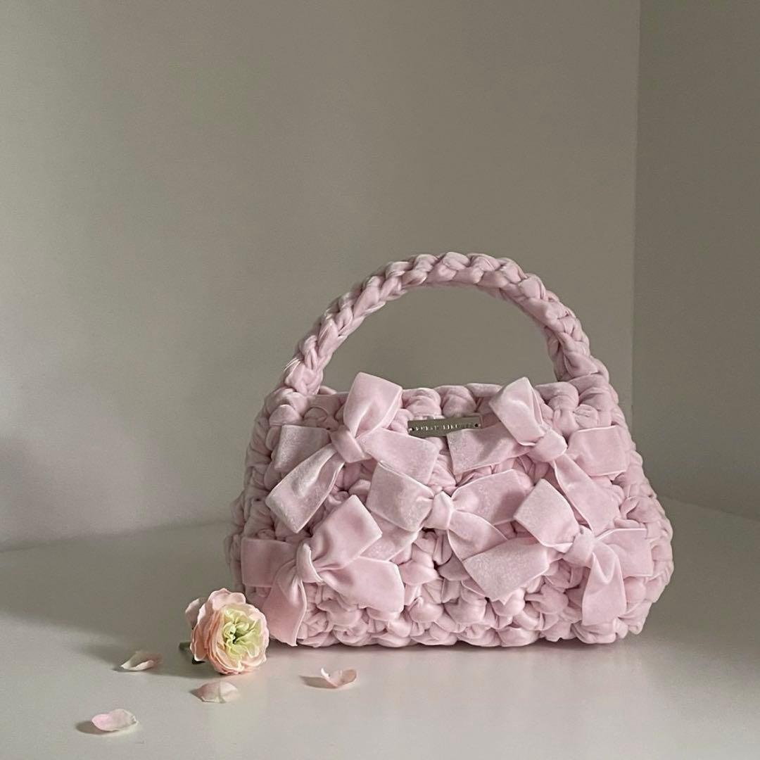RUBAN LIBERTE ベロア　手編みベルベッドリボンバッグ　パステルピンク