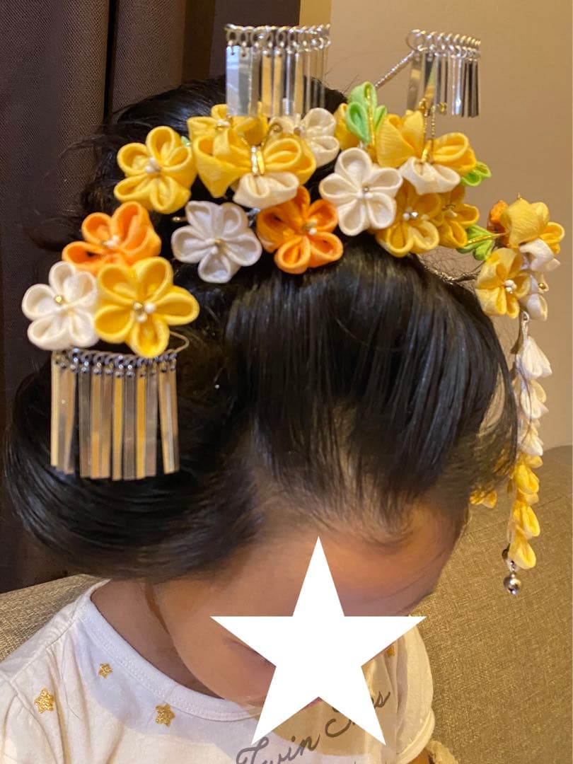 着用画像あり！七五三髪飾り　勝山　正絹　7歳　黄色