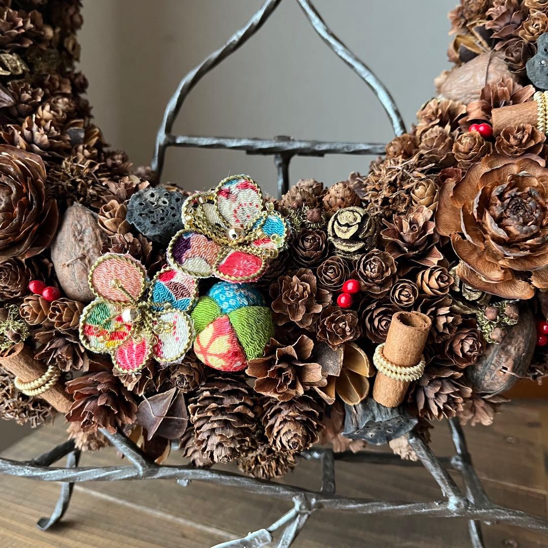 【ハンドメイド】木の実の和風リース　　約39㎝