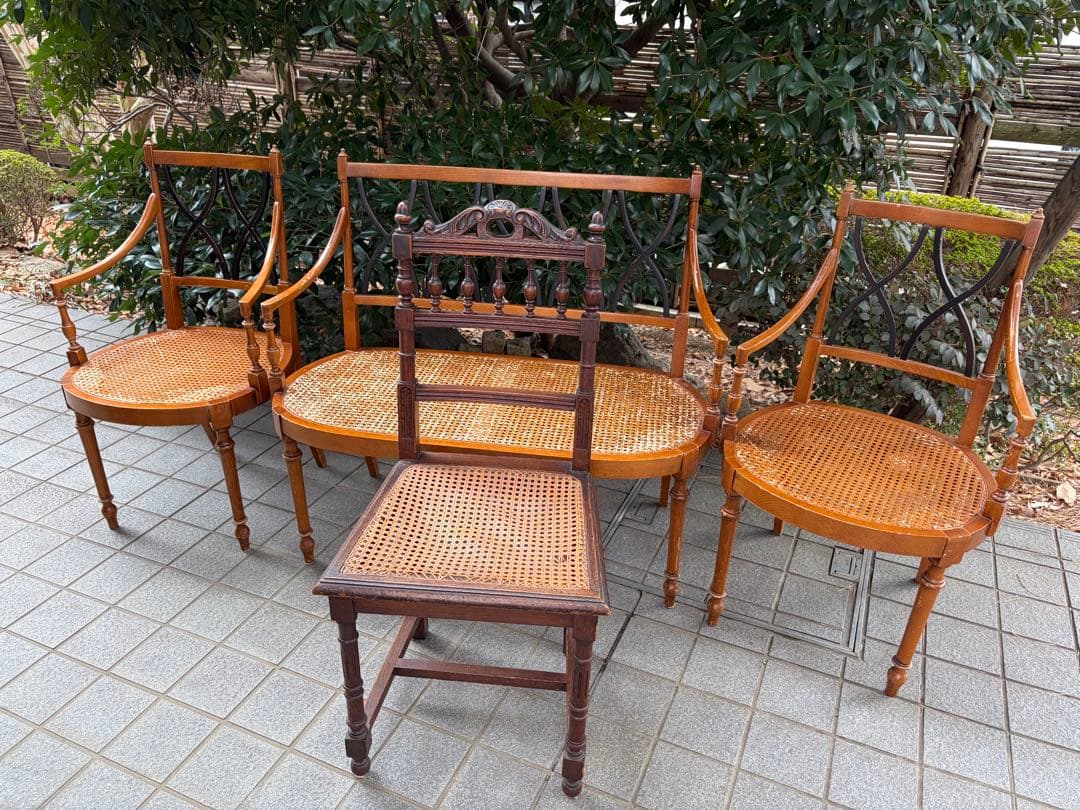 難あり アンティーク 木製ラタンチェア クロスデザイン 椅子 アールデコ