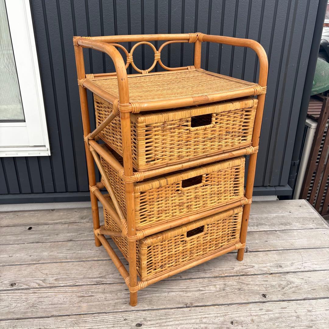 昭和レトロ ラタン 籐製 3段チェスト 収納ラック 引き出し ビンテージ 古家具