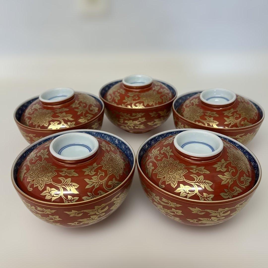 清水焼き　蓋つき煮物椀 5個セット 赤金