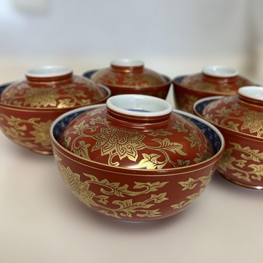 清水焼き　蓋つき煮物椀 5個セット 赤金