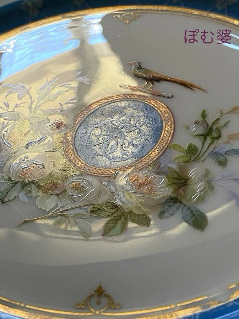 【フランス／アール・ヌーヴォー】金彩 エナメル 手描皿「Le Rosey／鳥」