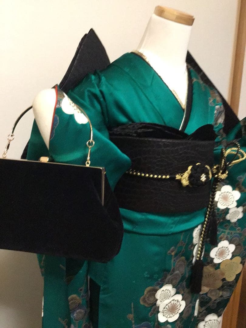 振袖フルセット　豪華　正絹　緑　金銀彩　梅　振袖6点セット　成人式