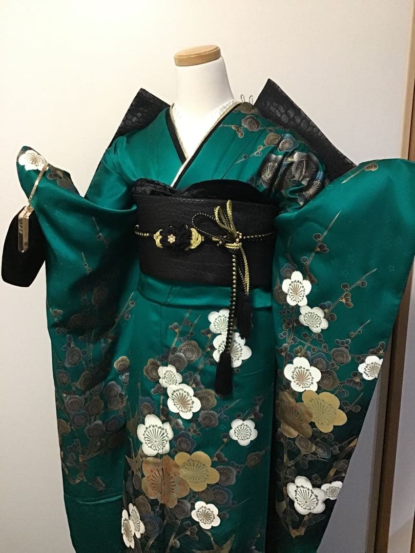 振袖フルセット　豪華　正絹　緑　金銀彩　梅　振袖6点セット　成人式