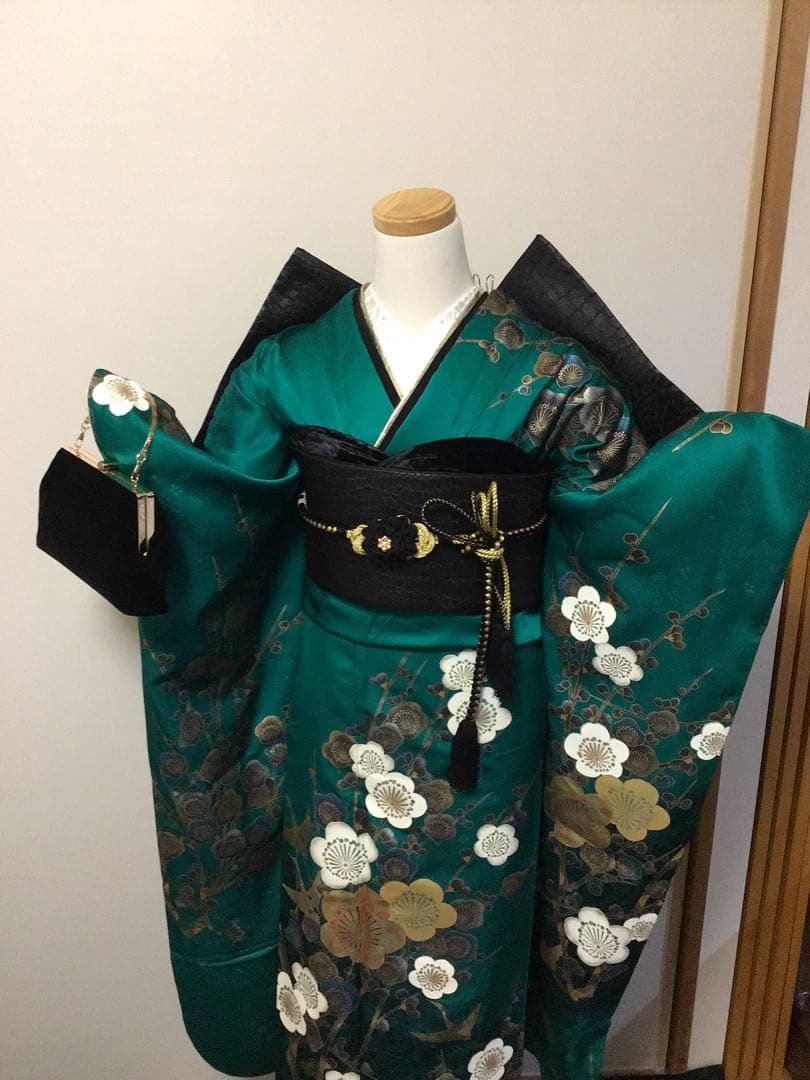 振袖フルセット　豪華　正絹　緑　金銀彩　梅　振袖6点セット　成人式
