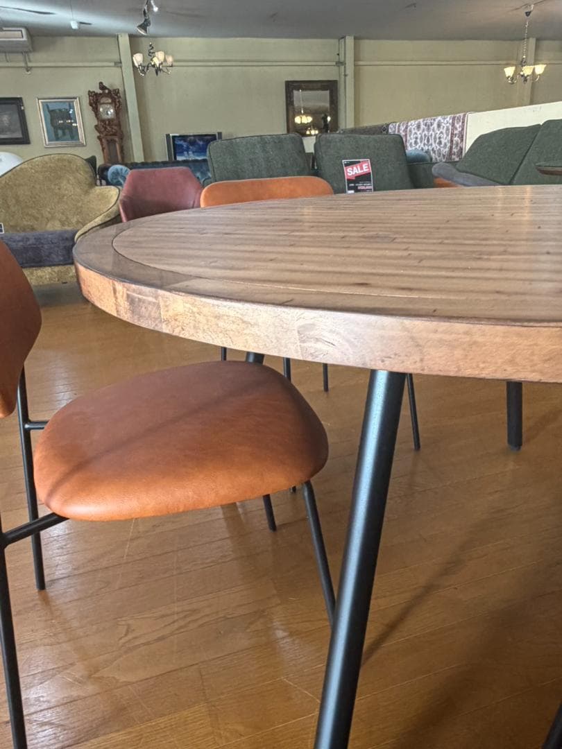 ヴィンテージスタイル 円形ダイニング5点セット 合皮チェア