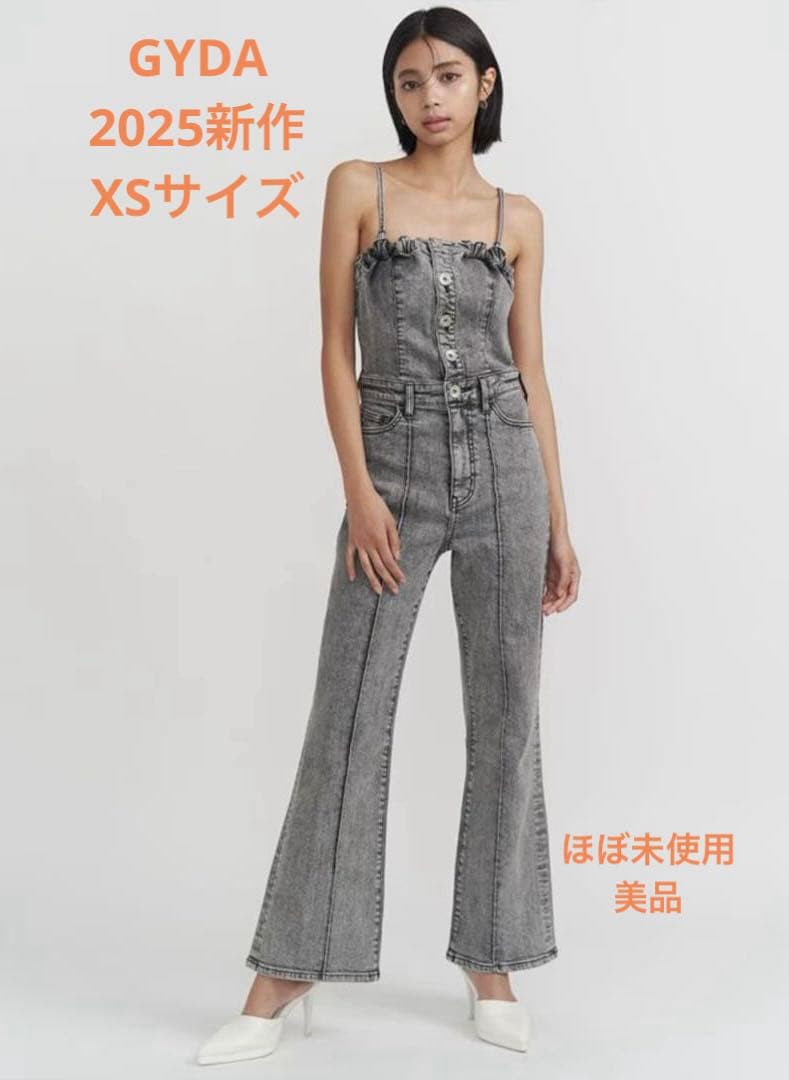 【GYDA】ジェイダ　新作　ブラックケミカルBACKリボンデニムロンパース　XS
