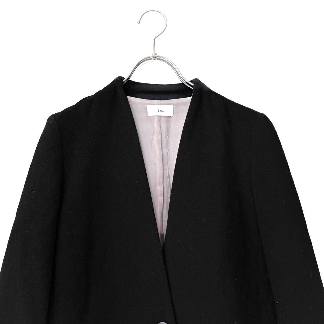 IENAイエナ／軽暖Vネックデザインロングノーカラーコート ブラック黒