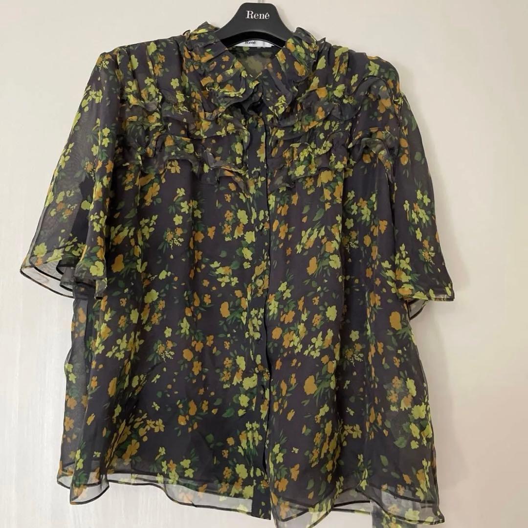 新品　Rene ルネ　シルク　フラワー　フリル　ブラウス シャツ 花柄　34