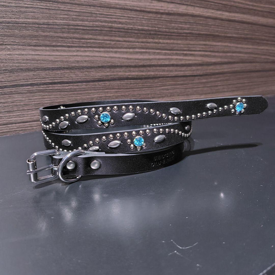 フラワー青■本革レザーフルスタッズナローベルト☆シルバーアクアマリンフローラル