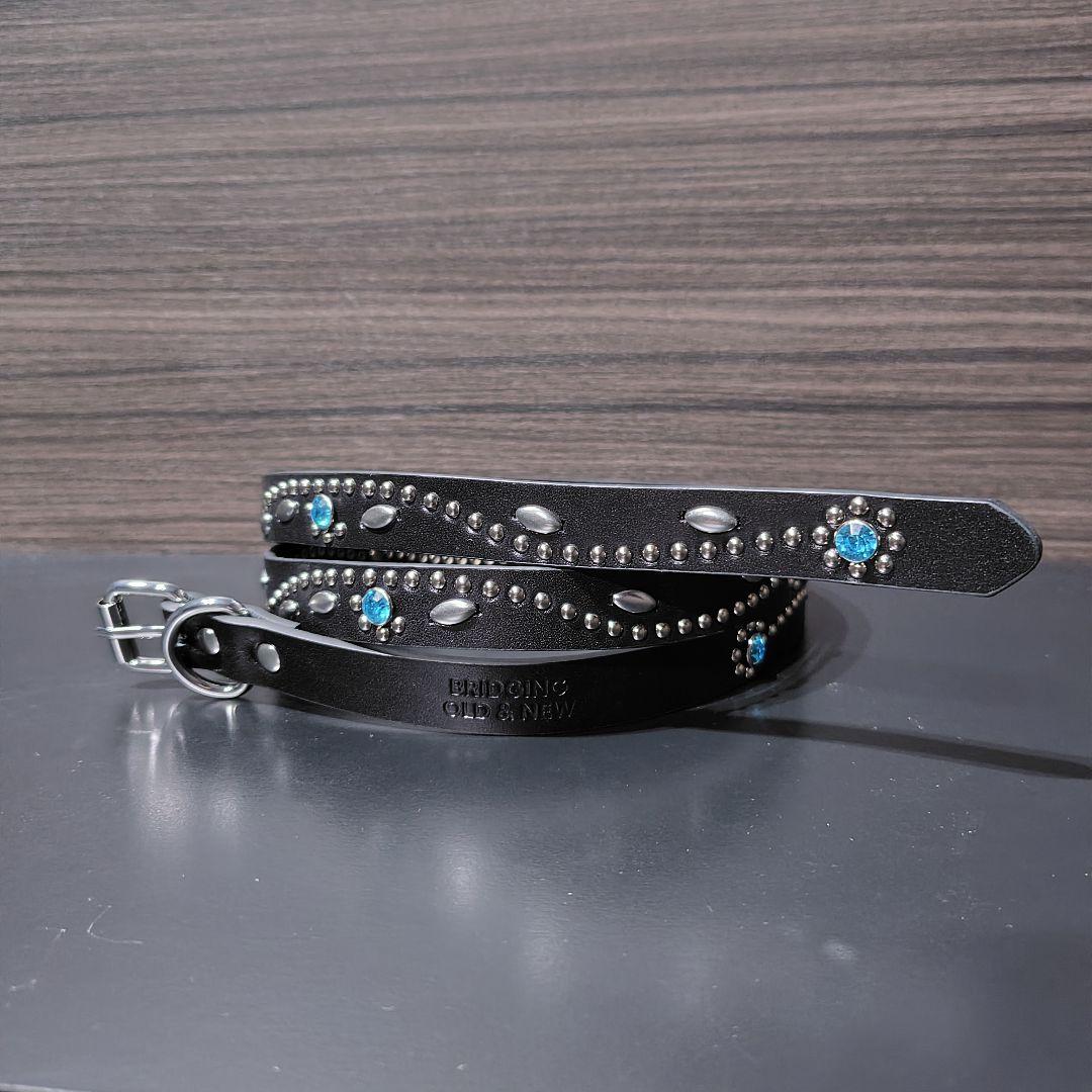 フラワー青■本革レザーフルスタッズナローベルト☆シルバーアクアマリンフローラル