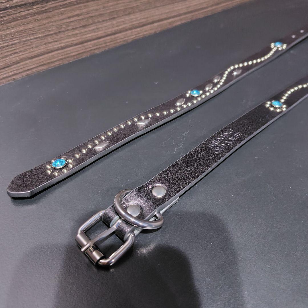 フラワー青■本革レザーフルスタッズナローベルト☆シルバーアクアマリンフローラル