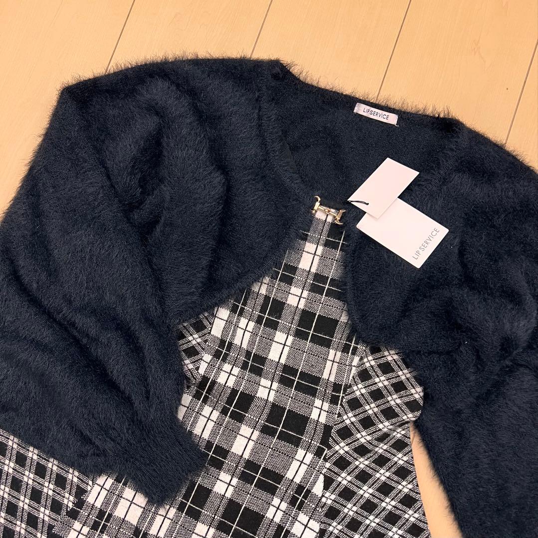 1.新品リップサービス定価13090円フェザーチェックアンサンブルワンピース黒M