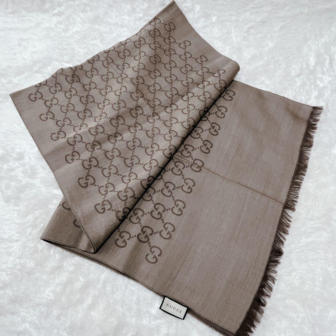 【美品】GUCCI シルク混　ストール マフラー　GG　ブラウン系