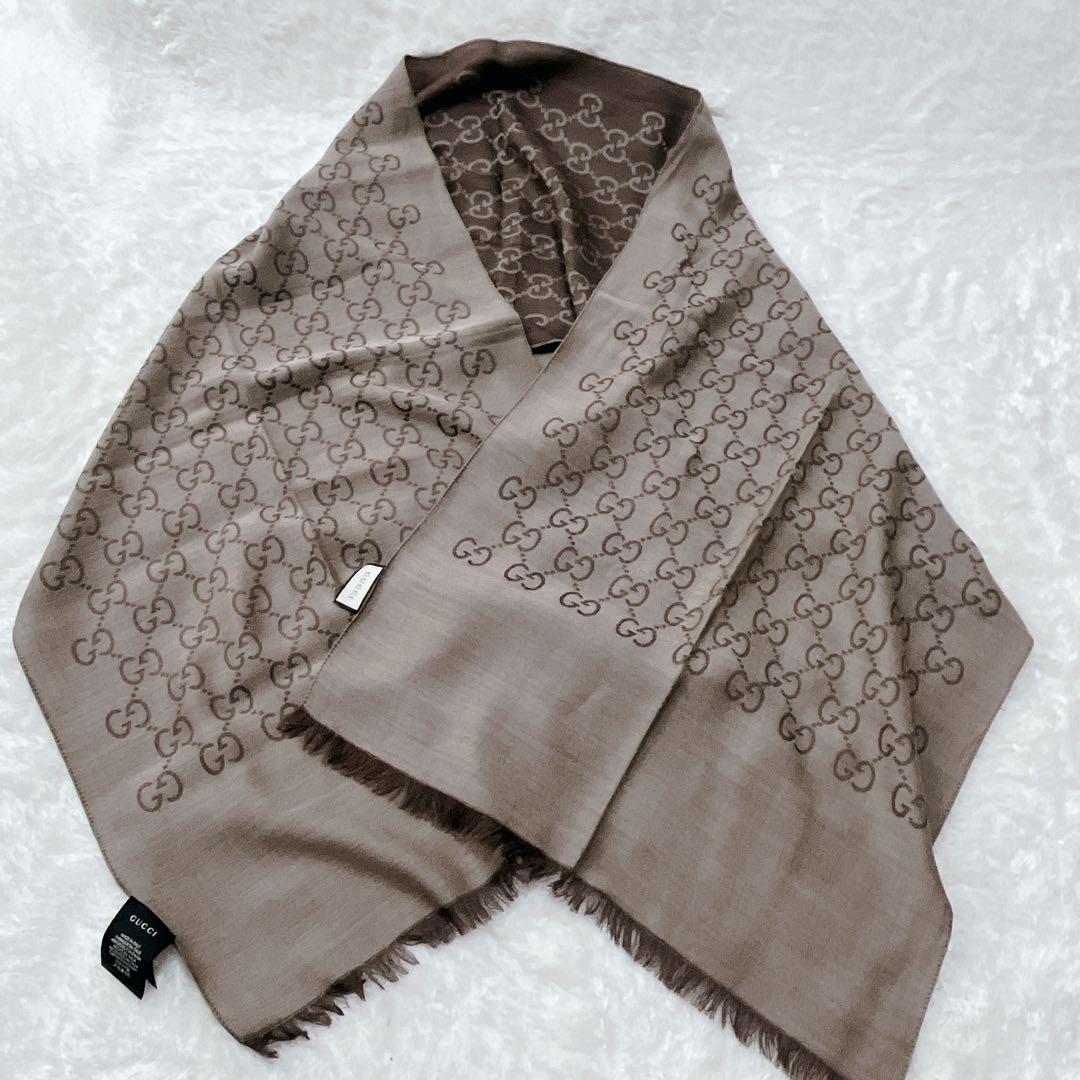 【美品】GUCCI シルク混　ストール マフラー　GG　ブラウン系
