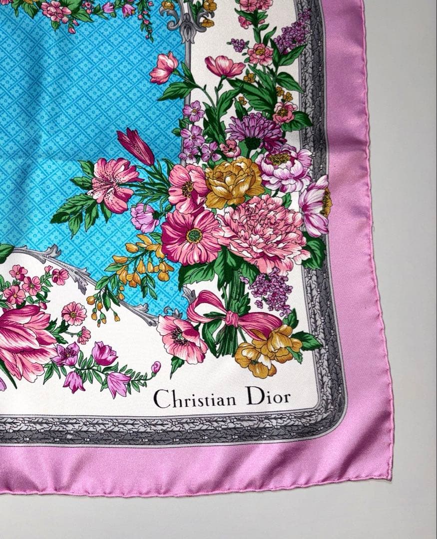 クリスチャンディオールスカーフヴィンテージ花＊鳥SILK100% 超美品