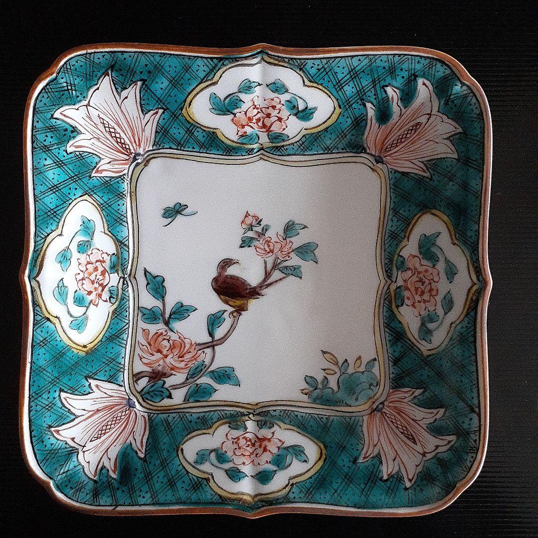 古九谷色絵牡丹鳥蝶図角皿