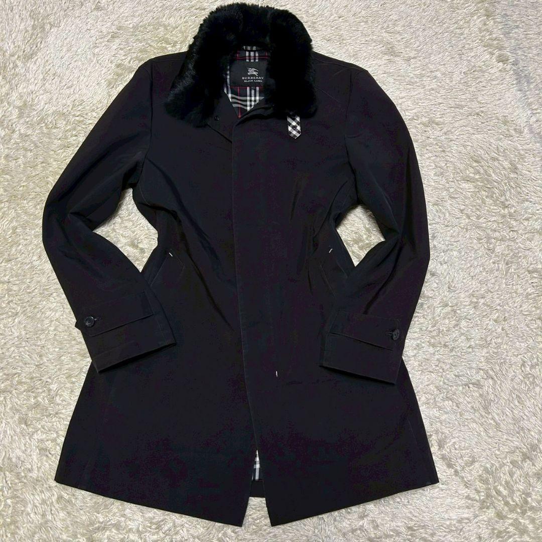 【希少】バーバリーブラックレーベル　比翼コート　ラビットファー　黒　ノバチェック