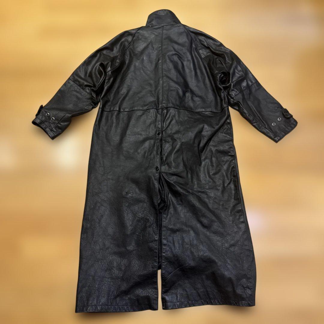 90s肉厚黒レザー モーターサイクルロングコート スタンドカラーFIRST