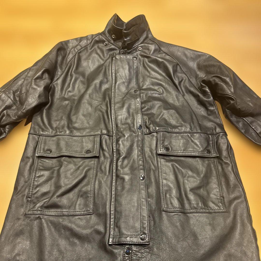 90s肉厚黒レザー モーターサイクルロングコート スタンドカラーFIRST