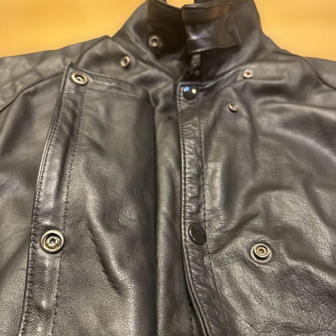 90s肉厚黒レザー モーターサイクルロングコート スタンドカラーFIRST