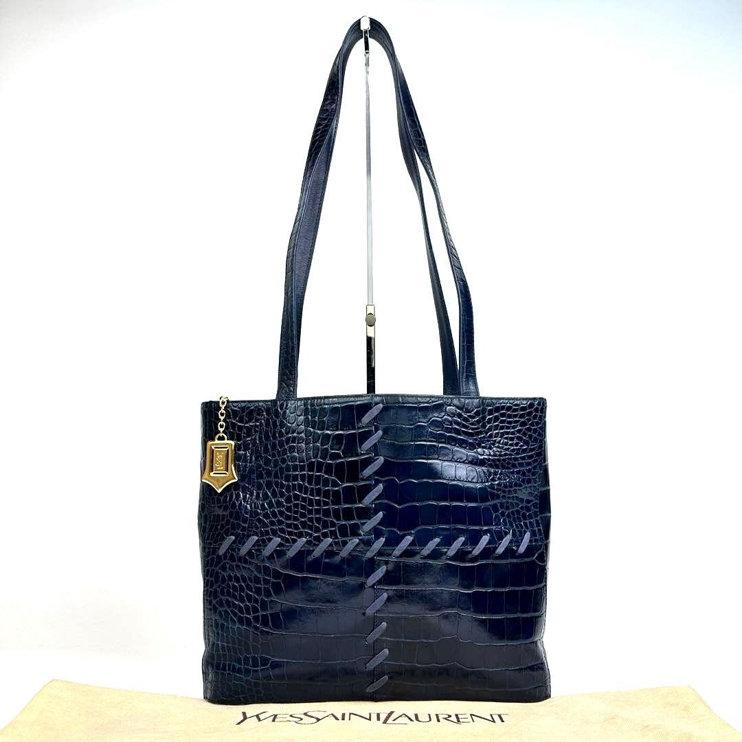 【美品】イヴサンローラン　ワンショルダー　肩掛け　ステッチ　クロコ　レザー　紺色