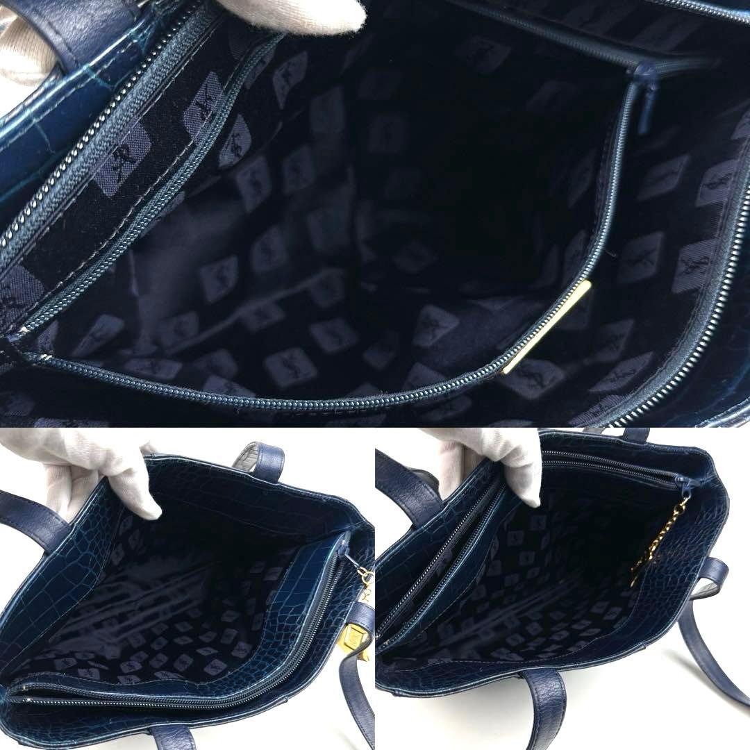 【美品】イヴサンローラン　ワンショルダー　肩掛け　ステッチ　クロコ　レザー　紺色