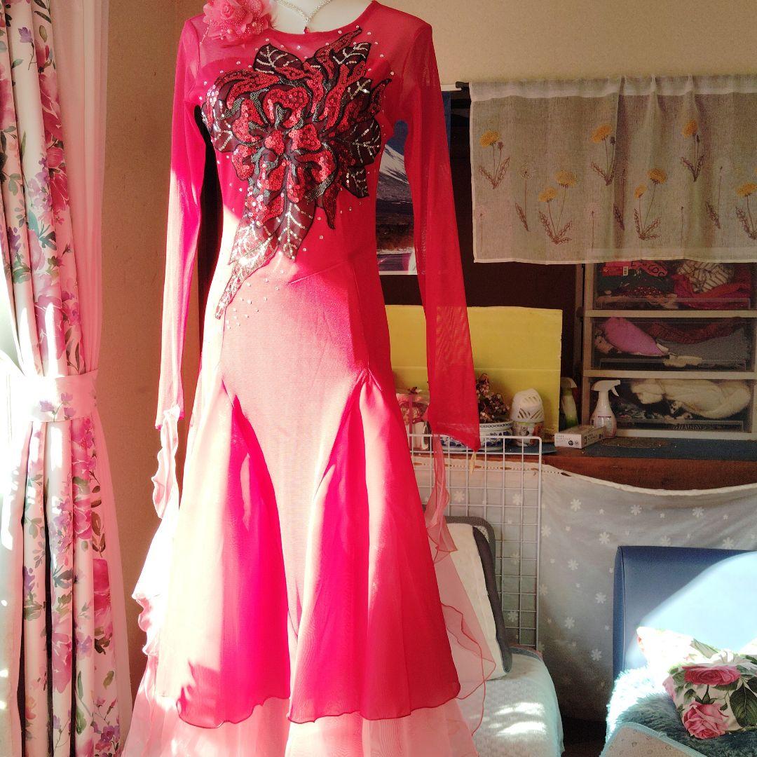 極可愛ピンク社交ダンスドレス ネックレス、ピアスセット付