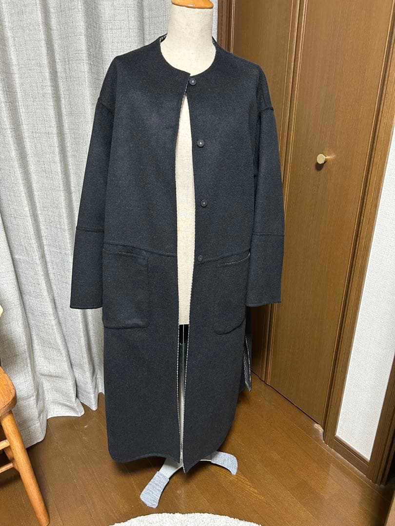 ベイクルーズ　リバーシブルロングコート 黒 チェック柄