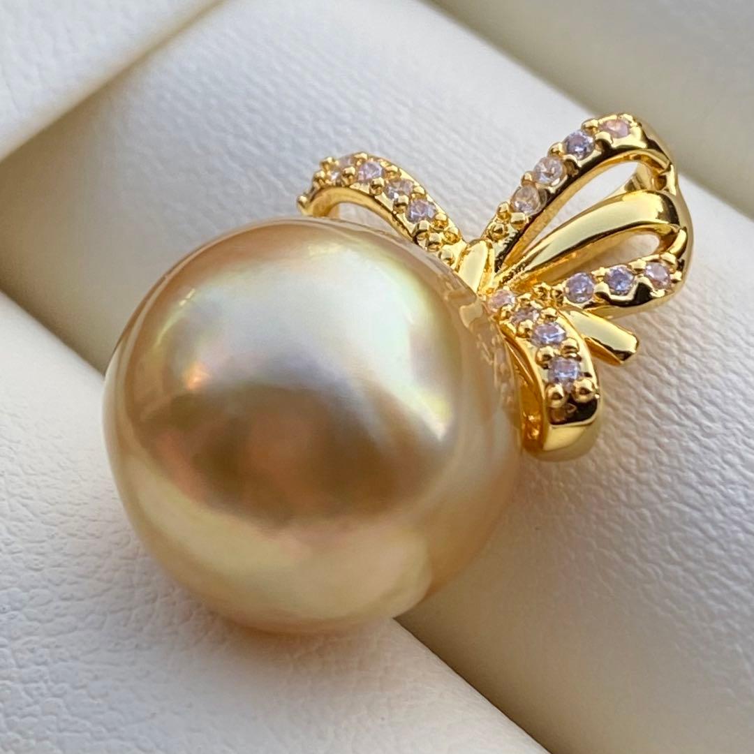 本真珠　南洋白蝶真珠ネックレストップ　大珠13.3mm茶金PT919