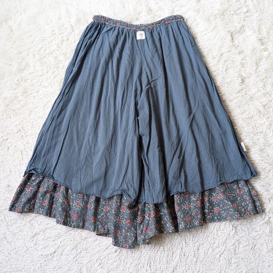 メゾンドソイル　コットンボイルプリントギャザーキュロットパンツ　インド製　F