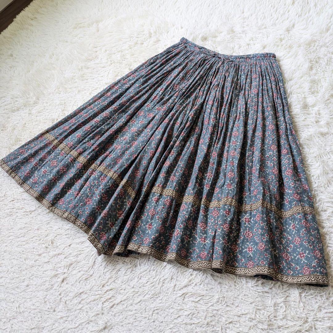 メゾンドソイル　コットンボイルプリントギャザーキュロットパンツ　インド製　F