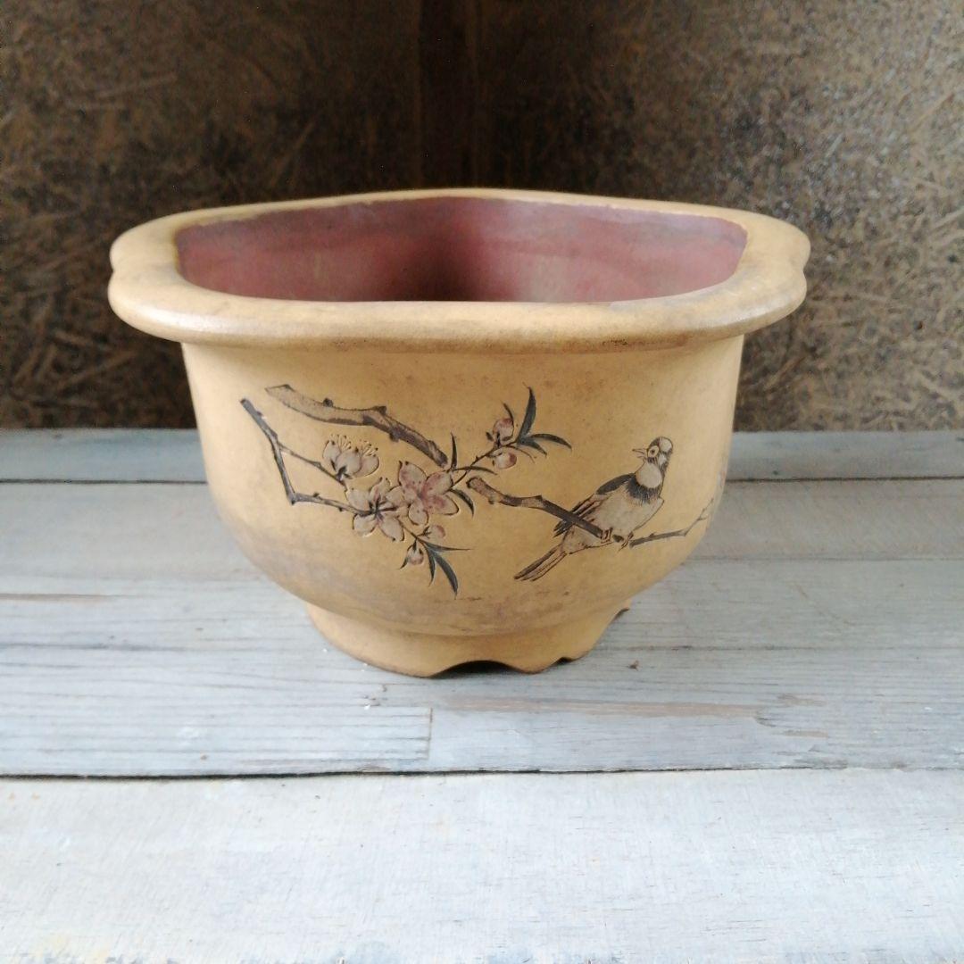 中国　花鳥漢詩彫盆栽鉢　 26cm