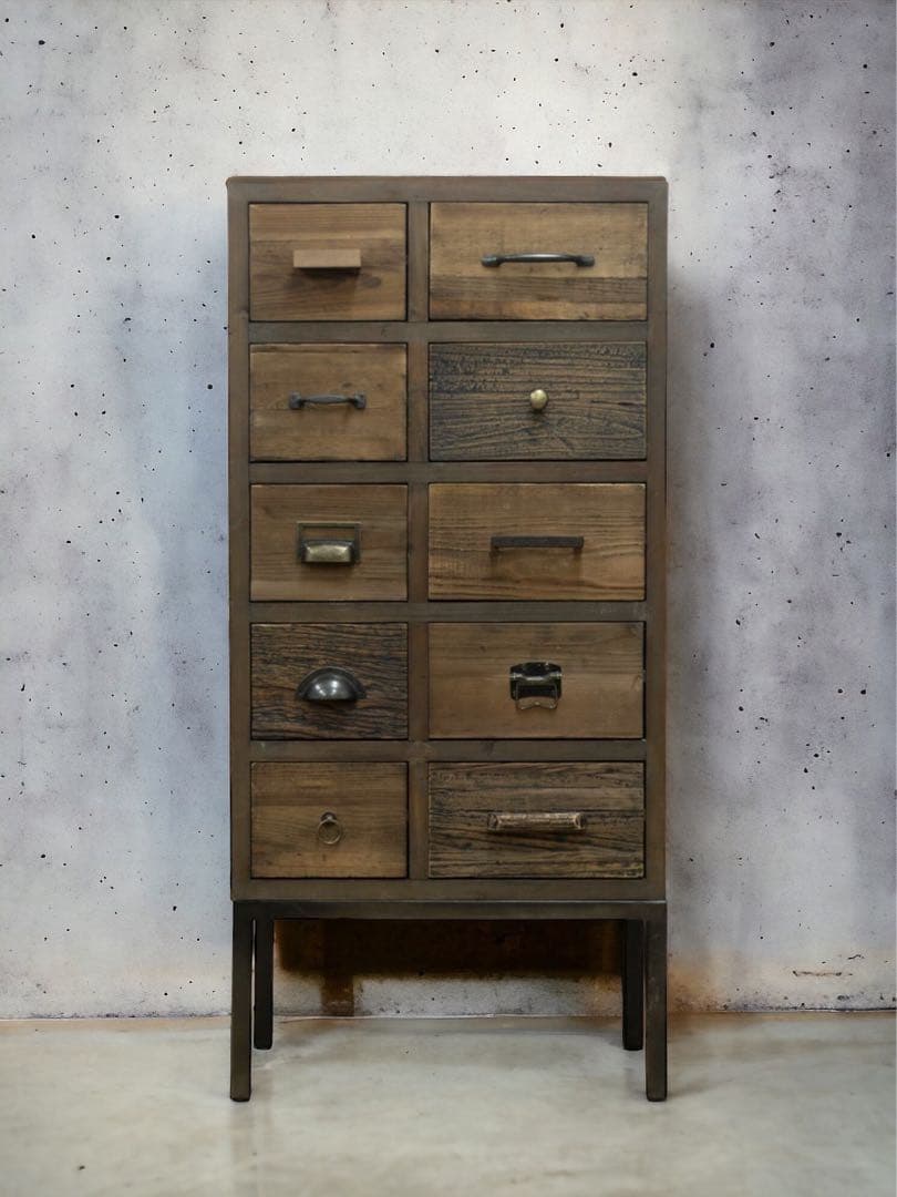 【ブルックリン家具】古材×ブラックスチール脚 10杯チェストW55